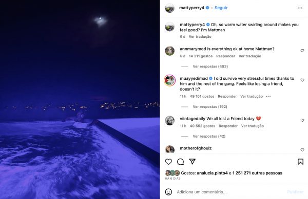 Último post de Matthew Perry nas redes sociais foi foto dentro de piscina